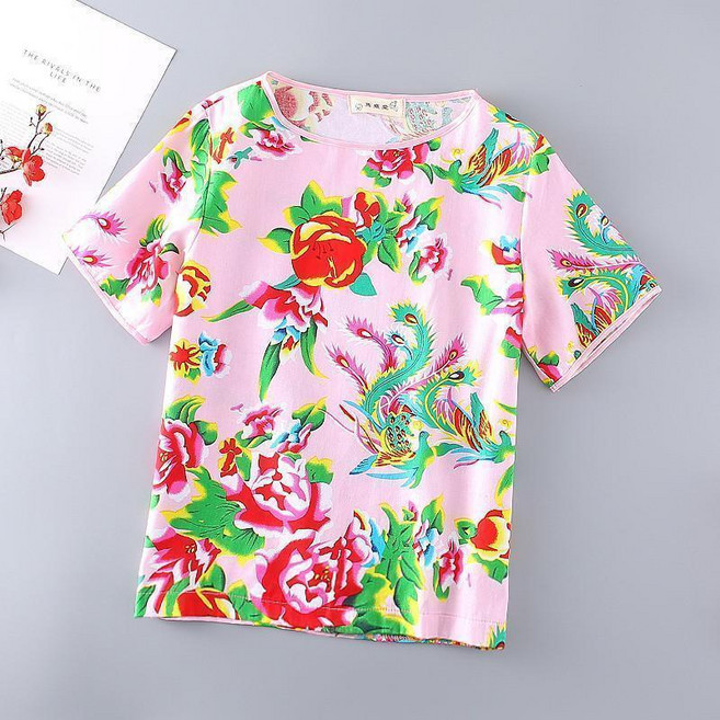花佈衣服夏網紅衕款短袖套裝二人轉演齣服男女花佈褲子