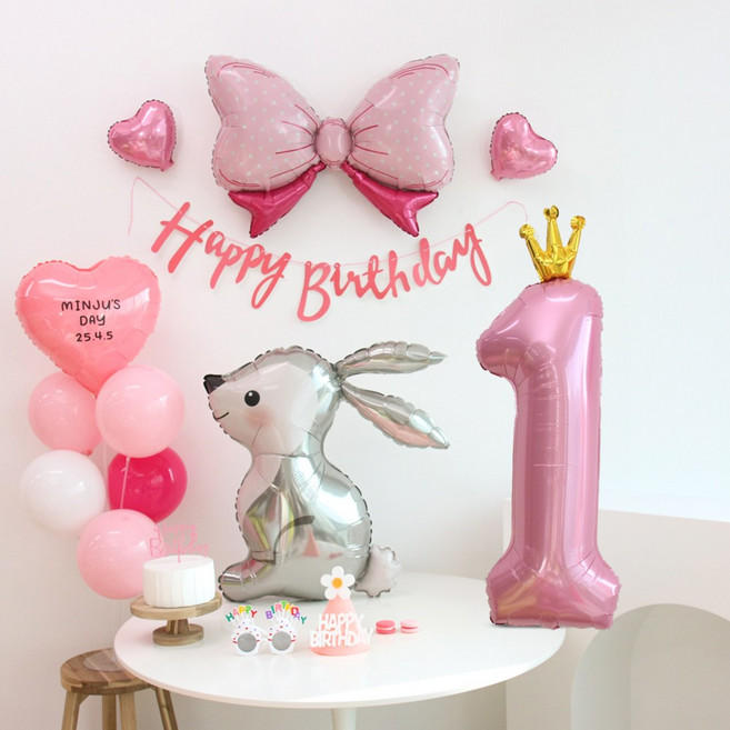 이벤트홀릭 토끼 풍선 생일파티용품세트 (자유 레터링) 두돌생일상, 숫자풍선 세트 1, 1개