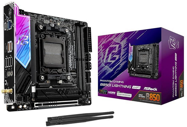 ASRock AMD B850i 라이트닝 Wi-Fi 6E 소켓 AM5 Ryzen 9000/8000/7000 시리즈 DDR5 8200+ OC MHz 128GB 미니 ITX 마더보드