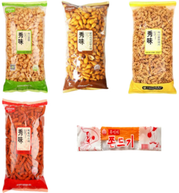 허니꿀짱1kg 1개 닭다리치킨스낵1kg 1개 허니꿀꽈배기1kg 1개 떡볶이스낵1kg 1개 추억쫀드기 1개 대용량 과자