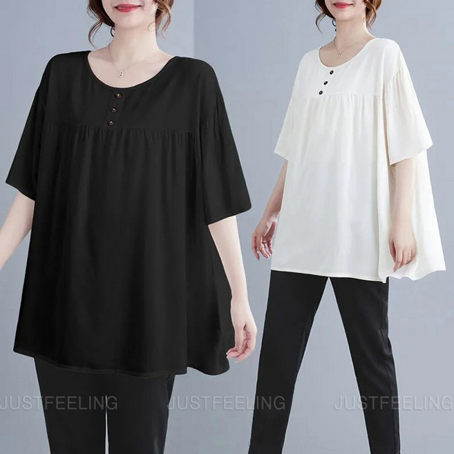 박시핏 블라우스 여름 여성 빅사이즈 와이드 반팔티 티셔츠 엄마옷 오버핏 티 JUSTFEELING