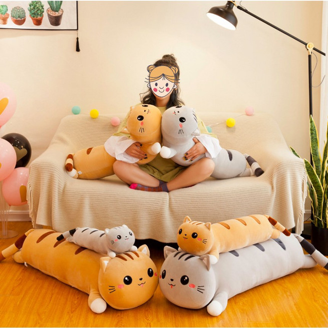 팬더판다 동물 고양이 모찌 대형 바디필로우 u 롱쿠션 잠잘때 안고자는 인형 긴쿠션 긴베개 귀여운 극세사, 갈색 줄무늬 고양이