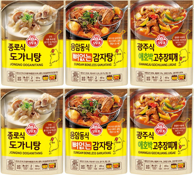 오뚜기 종로식 도가니탕+응암동식 뼈없는감자탕+광주식 애호박고추장찌개, 450g, 6개