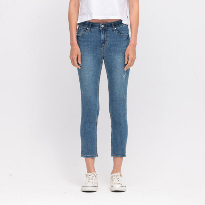 [잠뱅이] 여성 밴드 삼각절개 오픈워싱 데님 팬츠 미디엄블루