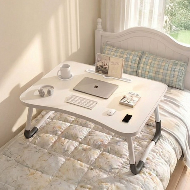 세일론 컵홀더형 접이식 라운드형 베드 책상 테이블, 화이트