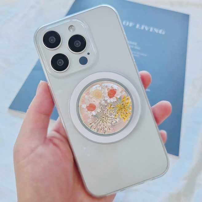 더세레니티 드라이플라워 압화 반구 맥세이프 스마트톡 자석 스티커 세트, 1개, 핑크+메탈 자석 스티커