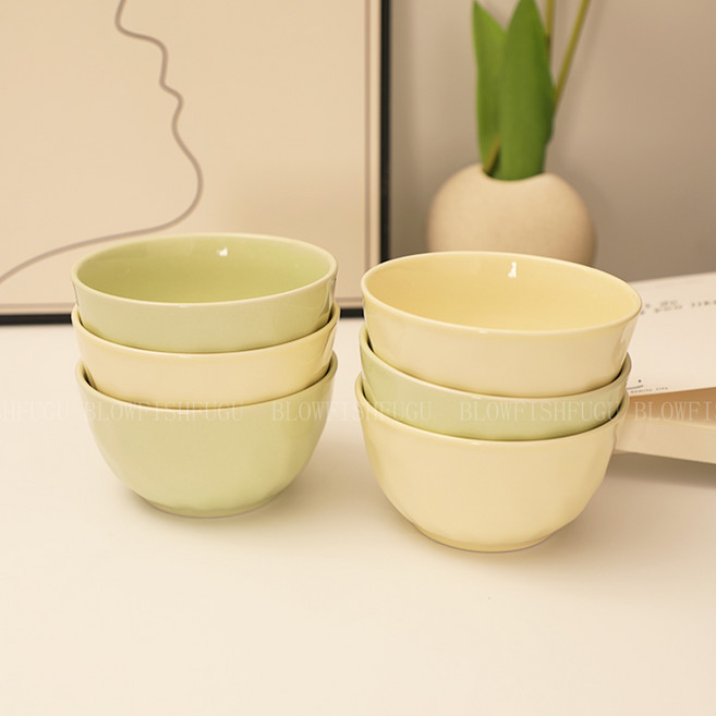 BLOWFISHFUGU 크림풍 도자기 밥공기 샐러드보울 밥그릇국그릇세트 374ML, 1세트, 밥그릇6p, 베이지색+녹색