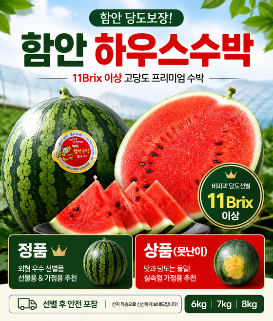 함안 하우스수박 /정품 상품(실속형) / 고당도 11브릭스 이상, 1개, 상품 실속형(8kg)