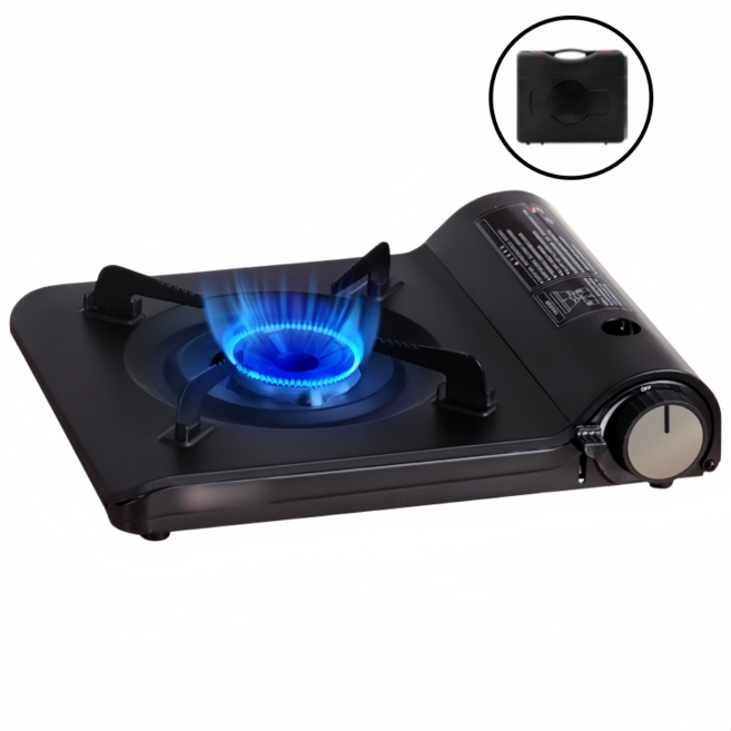 휴대용 가정용 슬림 가스버너 야외 캠핑 바람막이 안전한 방폭 가스버너 + 케이스 세트, 1개, 블랙