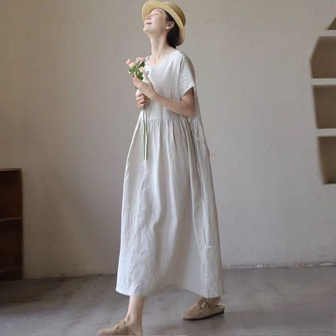 ORZQU 여성 여름 라운드넥 루즈핏 롱 원피스 빅사이즈 레저 면마 원피스