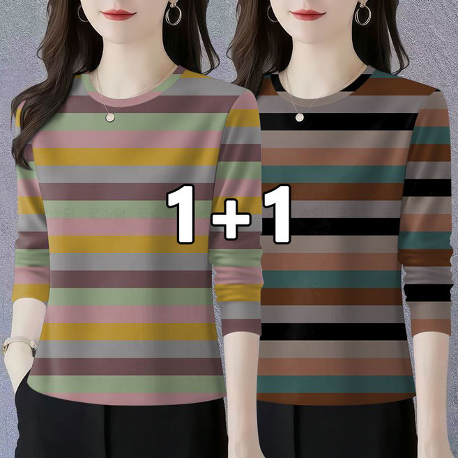 꽃소담 1+1 중년여성 스트라이프 라운드 긴팔 티셔츠 40대 50대 봄가을 긴팔티 엄마옷 HXY26A381