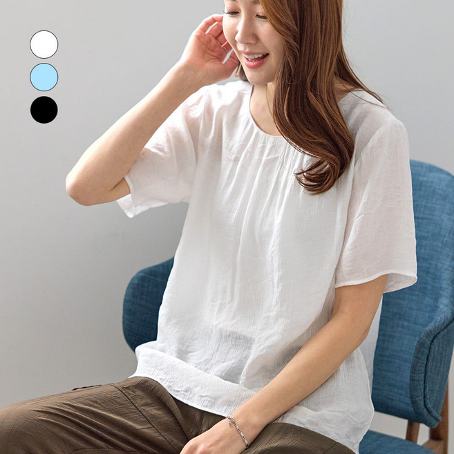 여름 인견 잔주름 반팔 블라우스 핀턱 원단 루즈핏 체형커버