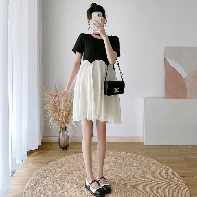 패션 임산부 여름 미니 원피스 임산부 패션 연출 슬림핏 반팔 쉬폰 드레스 여성용 여름 JXH