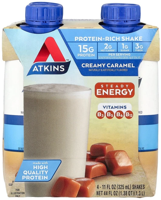 Atkins 단백질이 풍부한 셰이크 크리미 캐러멜 4가지 개당 325ml(11fl oz) Atkins (엣킨스) - 쿠팡