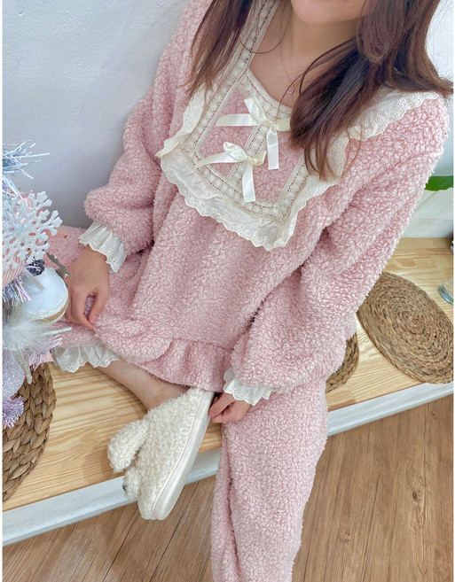 [구구번지] 귀여운 리본 핑크 극세사 상하세트 여성 잠옷