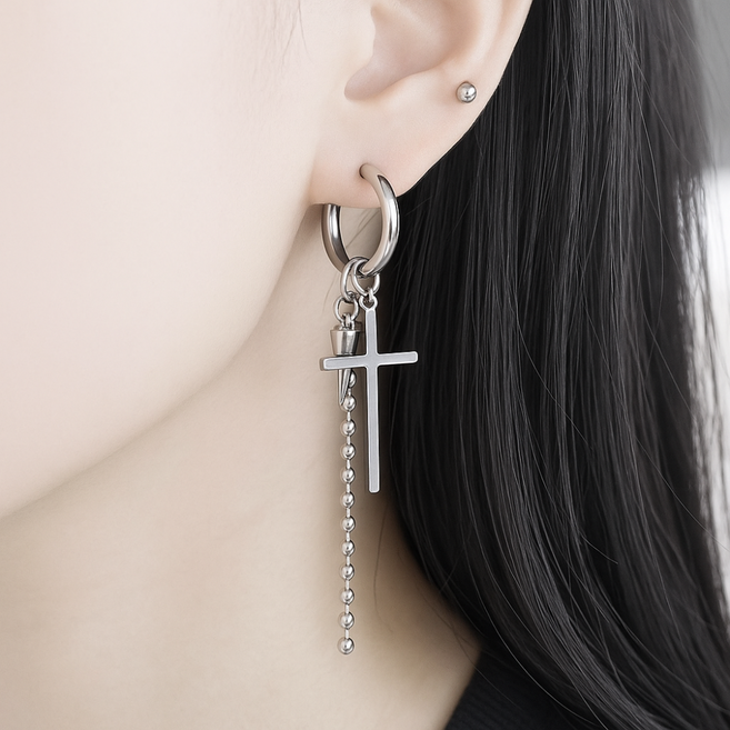 써지컬 십자가 콘 체인 원터치 링 드롭 귀걸이 귀찌 피어싱 남자 여자 한짝 낱개 힙합 언발 이어링