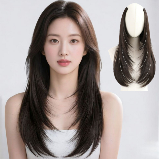 실루벨 볼륨 C컬 레이어드컷 붙임머리 가발, 모카브라운, 1개