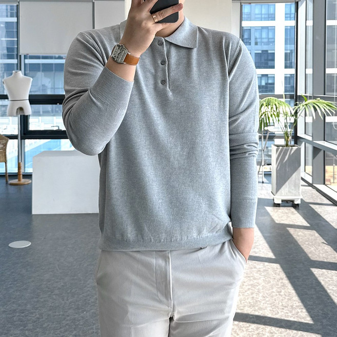 룩플레인 부드러운 비스코스 긴팔 니트 카라 티셔츠 9color