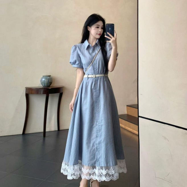 해피유통 여성 여름 블루 셔츠 원피스 퍼프소매 허리띠 디자인byq