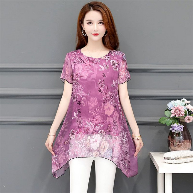 Vezri여성 여름 꽃무늬 쉬폰 블라우스 프린트 반팔 앞뒤 언밸런스 탑