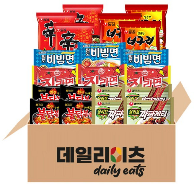 [데일리이츠] 봉지라면 낱개 농심 오뚜기 삼양 팔도 6종 20개입 (짜파게티4 + 불닭볶음면4 + 팔도비빔면3 + 신라면3 + 진라면매운맛3 + 너구리3), 3세트
