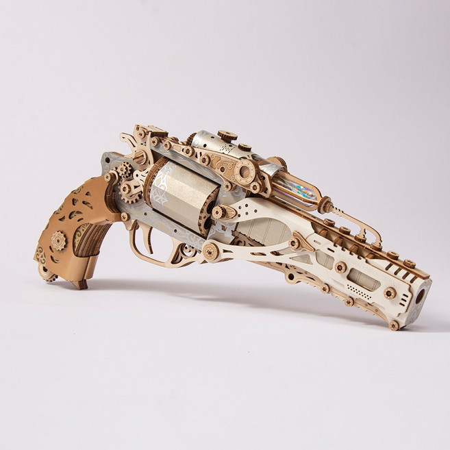3D 입체퍼즐 스팀 리볼버 나무퍼즐 집중력 향상 DIY 우드 권총 교육용 완구 키덜트 선물 총, 1개, 골드실버, 318피스