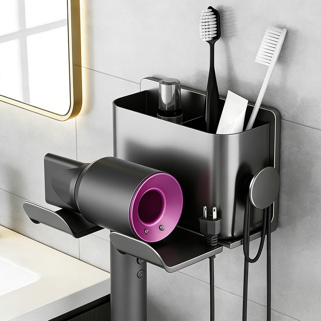 Norvee 무타공 벽부착 헤어드라이기 거치대 욕실 다기능 수납 홀더 선 정리, 회색, 1개