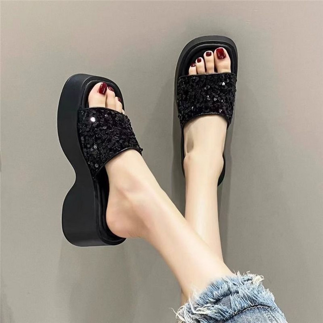 쌍천 반짝이 송편 통굽 비치 샌들 고급스러운 키높이 7cm 일자 슬리퍼 쌍천 A26051113