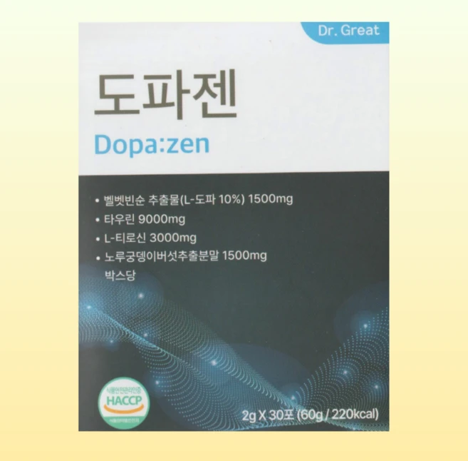 닥터그레잇 도파젠 60g L도파 타우린 L티로신 벨벳빈순 추출물 노루궁뎅이 버섯, 1박스, 30회분 - 쿠팡