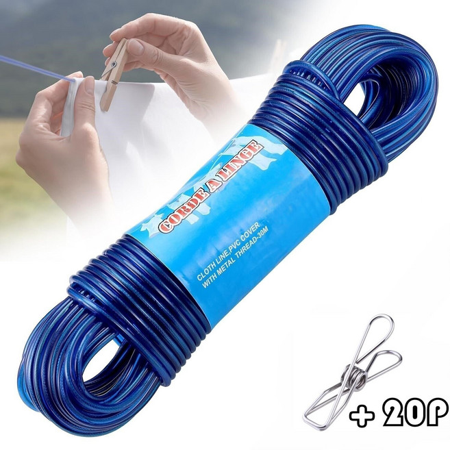 HahnRay와이어 빨래줄 튼튼한 옥상빨래줄 코팅빨래줄 미끄럼방지 방수재질 20m 블루(부가:빨래집게 20P)