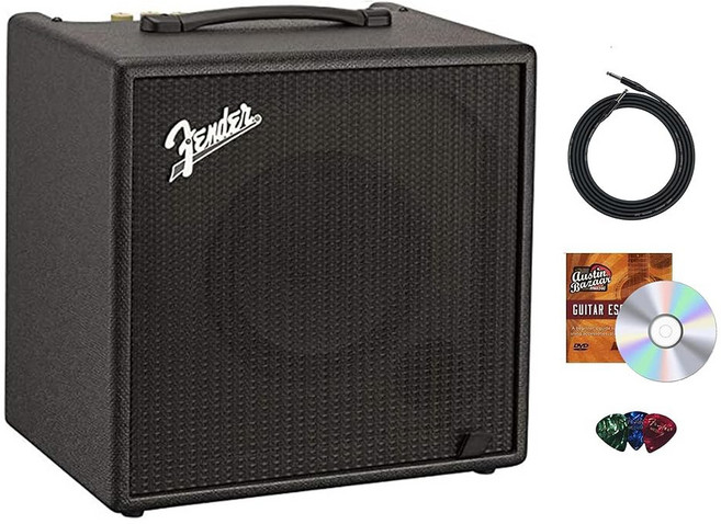 계기판 케이블 및 오스틴 바자 지침 DVD가 포함된 펜더 럼블 100 베이스 콤보 앰프 번들, LT25