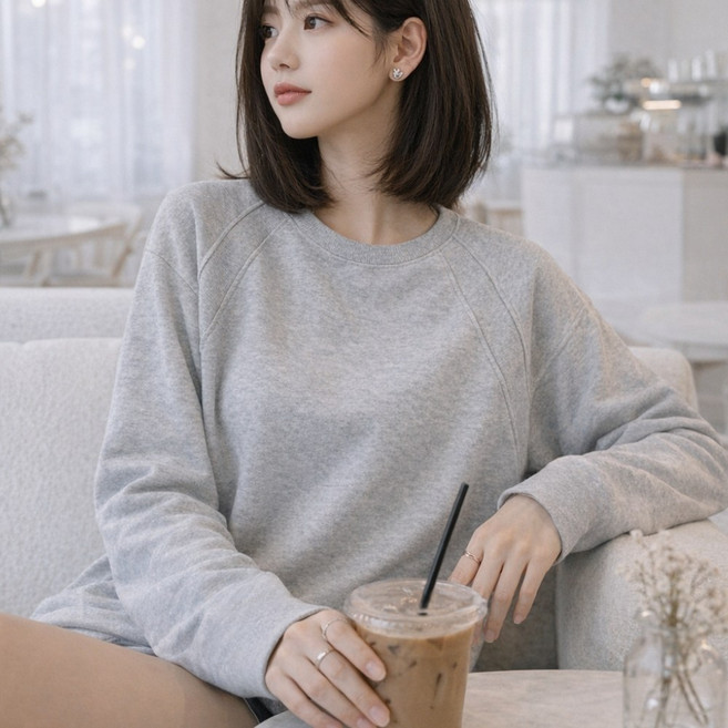 픽앤유 여성 간절기 맨투맨 긴팔 티 라운드 데일리 무지 티셔츠