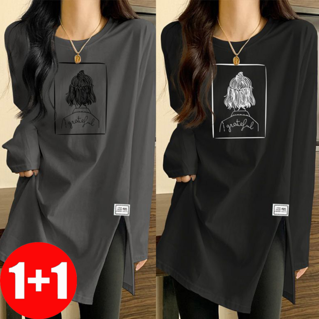 지고다그 1+1 여성용 간절기용 빅사이즈 루즈핏 슬릿 긴팔 티셔츠 프린트 이너 상의 ZK5991