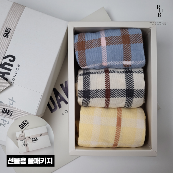 닥스 여성 멜로우 체크 면혼방 중목 3족 양말세트 선물용 풀패키지