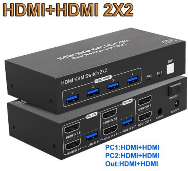 듀얼 모니터 HDMI 2.0 KVM 스위치 확장 디스플레이 HDMI 디스플레이 포트 USB 3.0 KVM 스위치 PC용 2 in 2 out 2X2 4k 60Hz, HDMI 2X2, UK Power, 1개