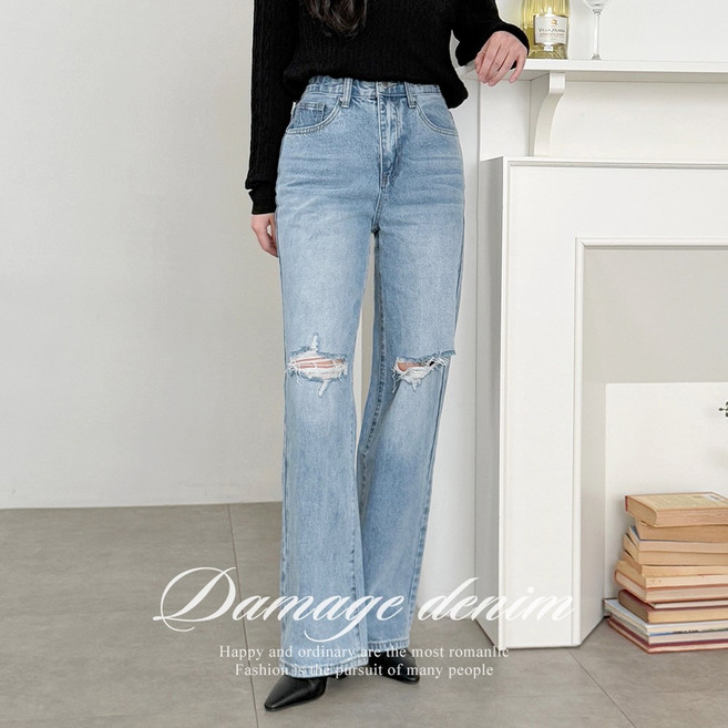 [순이] 2기장 K.데미지 워싱 인밴딩 세미 와이드 데님