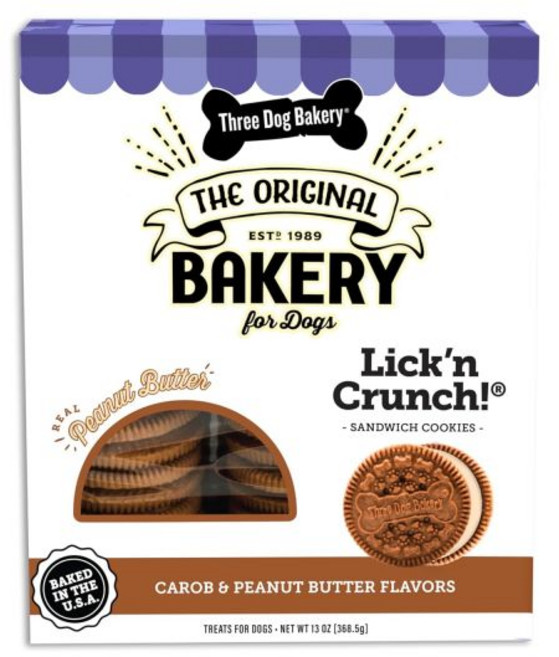 Three Dog Bakery 쿠키 과자 쓰리 독 베이커리 릭앤크런치 샌드위치 프리미엄 강아지 간식 인공향료 무첨가 카롭땅콩버터 골든바닐라 39온스 1팩, 368.5g, 1개