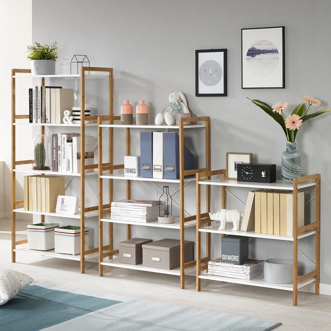 프리메이드 원목 수납 선반 장식장, 소피아 5단 화이트+원목미색, 1개