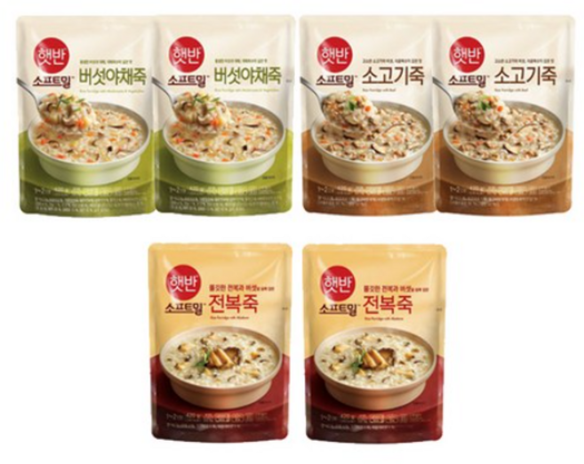 [총 6개입/450g]비비고죽 전복2+버섯야채2+소고기2, 3세트, 420g