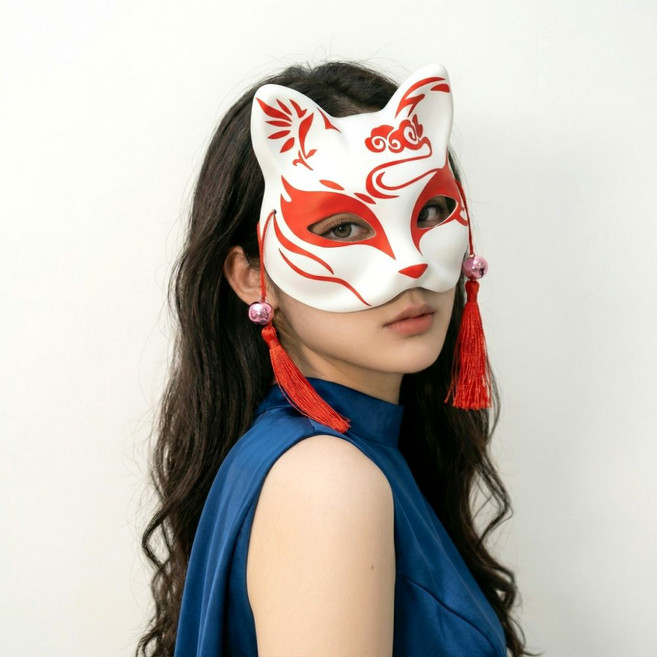 솔레르 일본 여우 가면 고양이 반가면, 1개, 레드