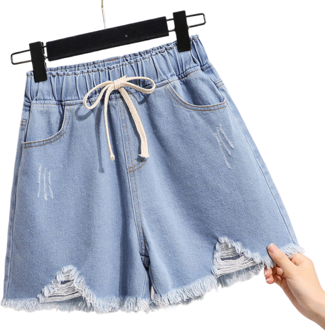 여성용 여름 빅사이즈 허리밴딩 배기 찢청 반바지 Women's denim shorts