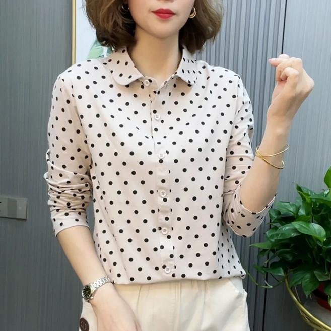 페이준 여성 도트 고급 긴팔 셔츠 빅사이즈 캐주얼 폴로넥 긴팔 블라우스 LN3535