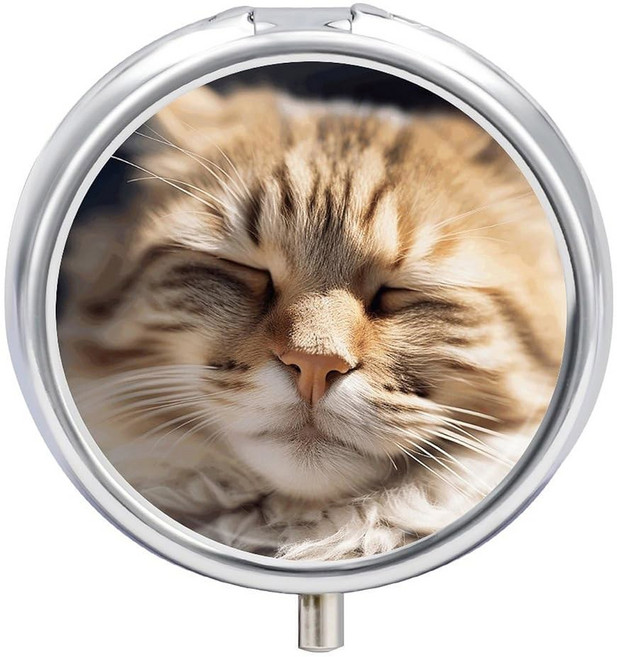 눈을 감은 알약 상자 원형 고양이 지갑 및 포켓용 3구획 의약품 알약 정리함 휴대용 알약 상자 의약품 비타민 대구 간유 보관함 정리함 정리함