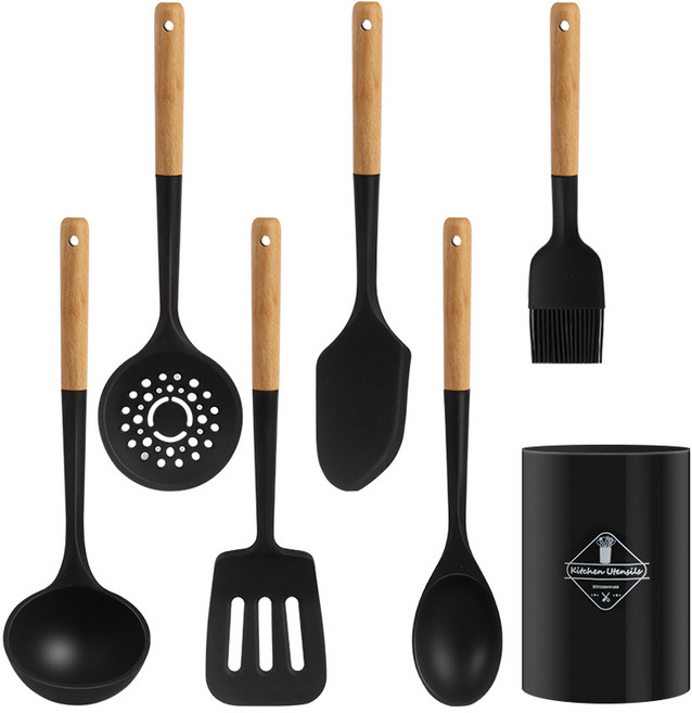 뷔이위이 조리도구 실리콘 키친툴, 블랙, 1세트, 국자+볶음스푼+뒤집개+스파츌라+브러쉬+스키머+수납통