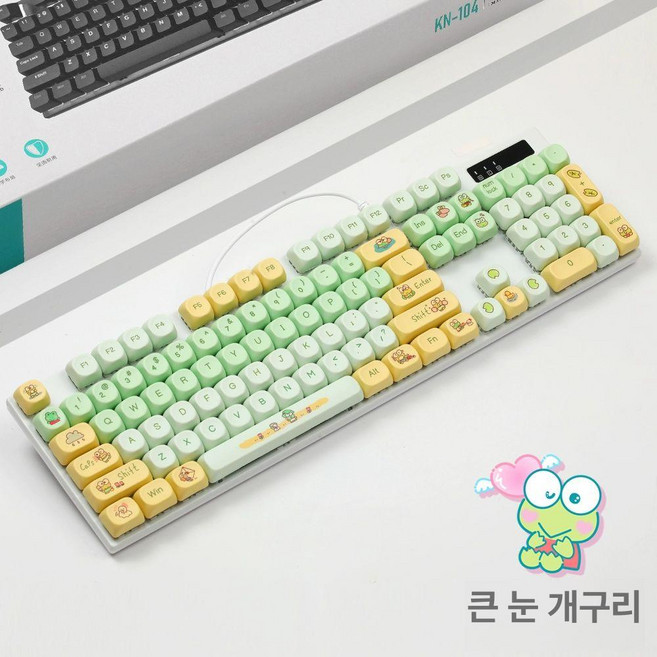 파스텔 유선 메탈 기계식 키보드 핫스왑 청축 적축 갈축 흰색 테마, 단일 모드 유선 버전, 브라운 스위치, 큰 눈 개구리