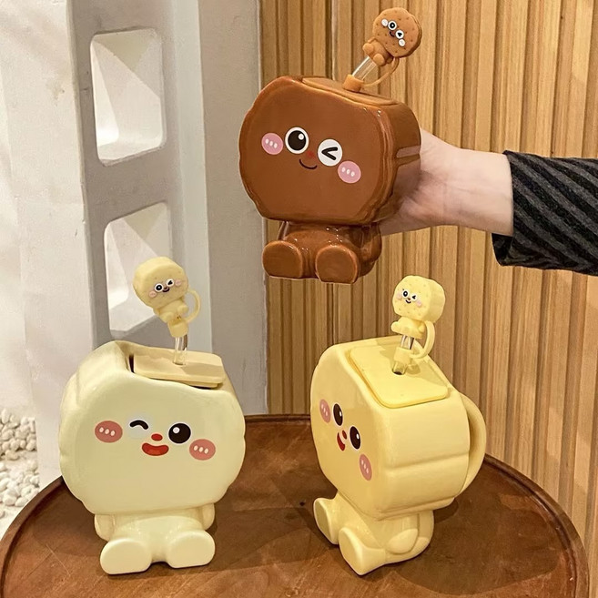 [신상 ] 밀크카 캐릭터 세라믹 빨대컵 머그컵 쿠키 디자인 홈카페 선물용, 1개, 500ml, 노란색