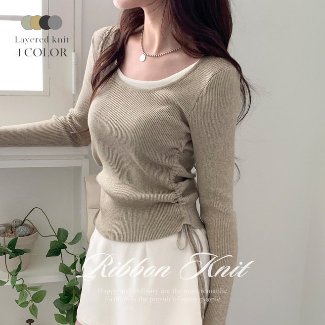 [순이] S.여성 부들골지 레이어드 스트링 유넥 니트