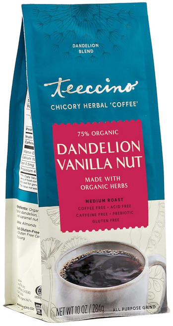 Teeccino 분쇄 가루 커피 티치노 민들레 바닐라 너트 무카페인 대체품 프리바이오틱스 함유 글루텐 프리 산도 없음 미디엄 로스트 10온스, 10 온스 (1개 팩), 284g, 1개