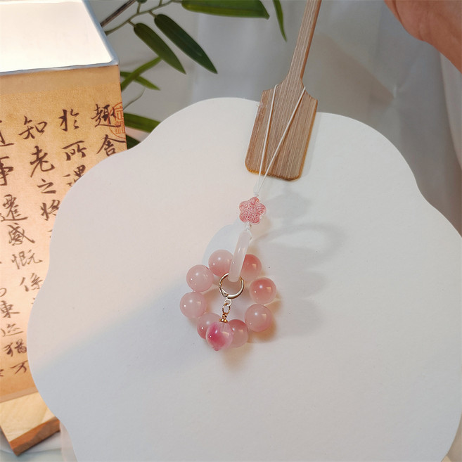 옥연화 천연 옥 핸드폰 스트랩 휴대폰 줄 스마트폰 키링 손가락염주, 1개, 로즈 쿼츠