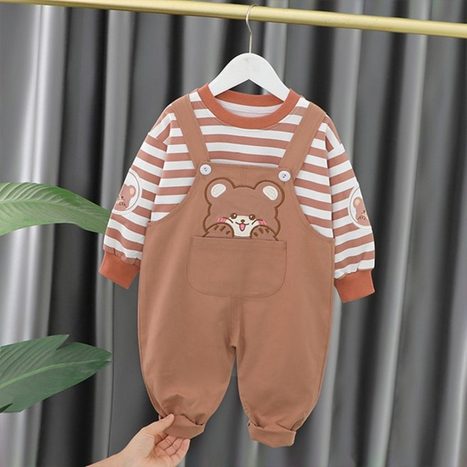 스트라이프 면 아동멜빵세트